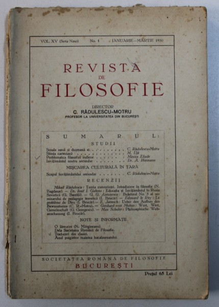 REVISTA DE FILOSOFIE - VOL. XV ( SERIE NOUA ) , NR . 1 , IANUARIE - MARTIE , 1930