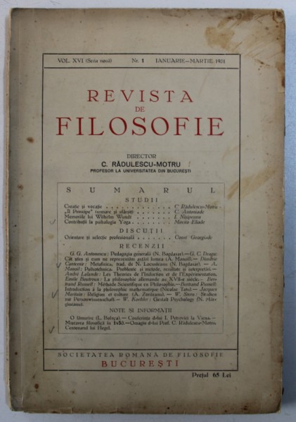 REVISTA DE FILOSOFIE - VOL. XVI ( SERIE NOUA ) , NR . 1 ,  IANUARIE - MARTIE  , 1931