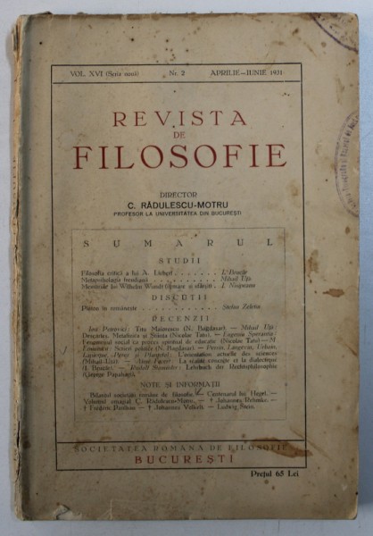 REVISTA DE FILOSOFIE - VOL. XVI ( SERIE NOUA ) , NR . 2 ,  APRILIE - IUNIE , 1931