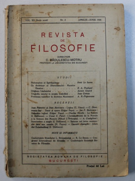 REVISTA DE FILOSOFIE , VOL. XX NR. 2 , APRILIE - IUNIE 1935 de C. RADULESCU MOTRU