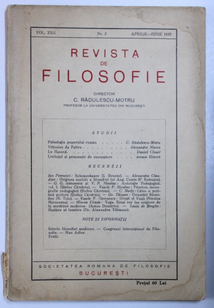 REVISTA DE FILOSOFIE , VOL. XXII, NR. 2 , APRILIE - IUNIE , 1937