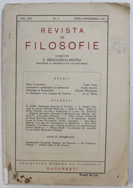 REVISTA DE FILOSOFIE, VOL. XXII, NR. 3, IULIE-SEPTEMBRIE de C. RADULESCU-MOTRU 1937