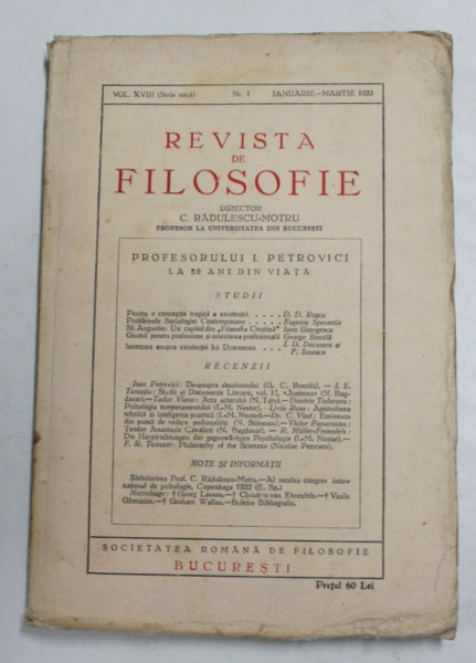 REVISTA DE FILOSOFIE , VOLUMUL XVIII - NR. 1 , IANUARIE - MARTIE , 1933