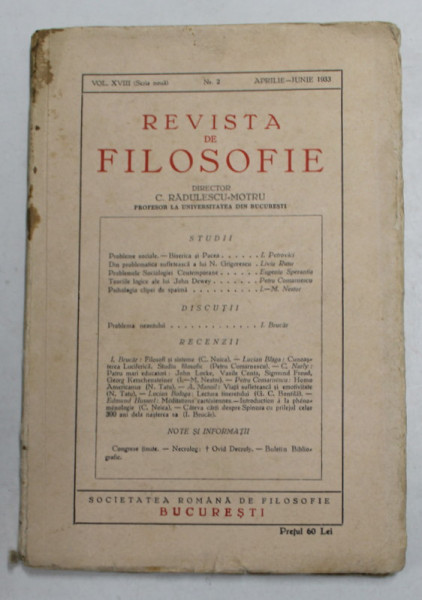 REVISTA DE FILOSOFIE , VOLUMUL XVIII - NR. 2 , APRILIE - IUNIE  , 1933