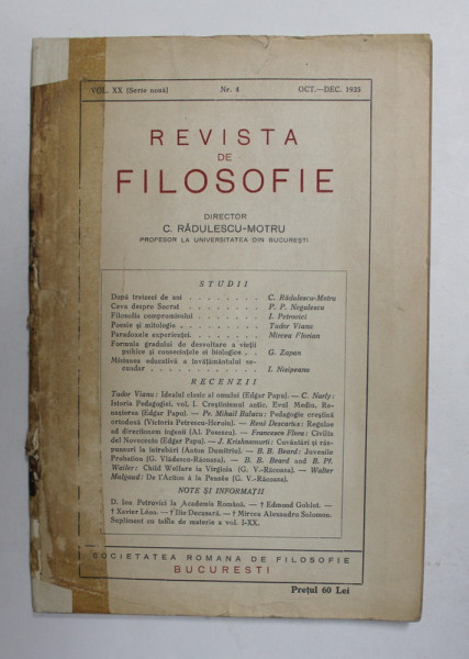 REVISTA DE FILOSOFIE . VOLUMUL XX , SERIE NOUA , NR. 4 , OCTOMBRIE - DECEMBRIE , 1935