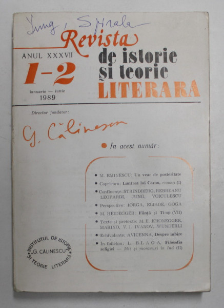 REVISTA DE ISTORIE SI TEORIE LITERARA , ANUL XXXVII , IANUARIE - IUNIE , 1989