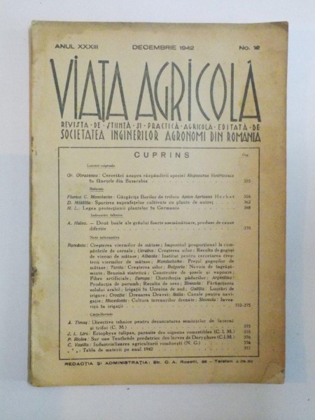 REVISTA DE STIINTA SI PRACTICA AGRICOLA , VIATA AGRICOLA , ANUL XXXII , NR. 12 , DECEMBRIE 1942