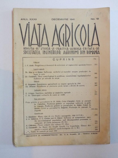 REVISTA DE STIINTA SI PRACTICA AGRICOLA , VIATA AGRICOLA , ANUL XXXII , NR. 12 , DECEMVRIE 1941