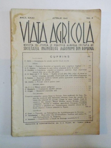 REVISTA DE STIINTA SI PRACTICA AGRICOLA , VIATA AGRICOLA , ANUL XXXII , NR. 4 , APRILIE  1941