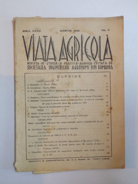 REVISTA DE STIINTA SI PRACTICA AGRICOLA , VIATA AGRICOLA , ANUL XXXIII , NR. 3 , MARTIE 1942