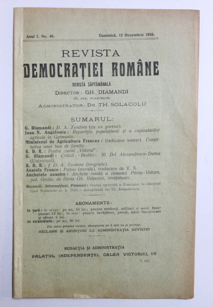 REVISTA DEMOCRATIEI ROMANE , ANUL I , NO. 40 - DUMINICA , 12 DECEMBRIE , 1910