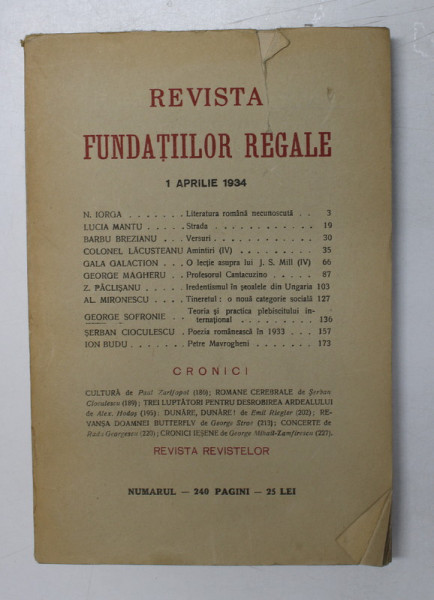 REVISTA FUNDATIILOR REGALE , ANUL I , NR. 4 , APRILIE,  1934