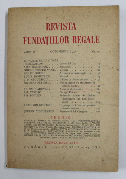 REVISTA FUNDATIILOR REGALE , ANUL II , 1 OCTOMBRIE , NR. 10 , 1935