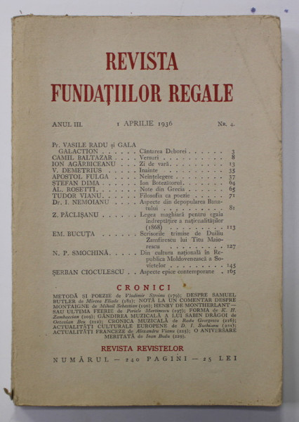 REVISTA FUNDATIILOR REGALE , ANUL III , NR. 4 , 1 APRILIE 1936