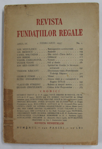 REVISTA FUNDATIILOR REGALE , ANUL IV , NR. 2 , 1 FEBRUARIE 1937 , PREZINTA HALOURI DE APA