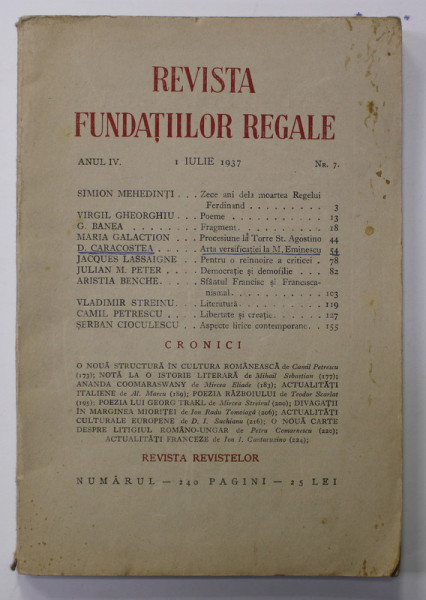 REVISTA FUNDATIILOR REGALE , ANUL IV , NR. 7 , 1 AUGUST   , 1937