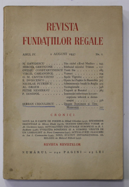 REVISTA FUNDATIILOR REGALE , ANUL IV , NR. 8 , 1 august   , 1937