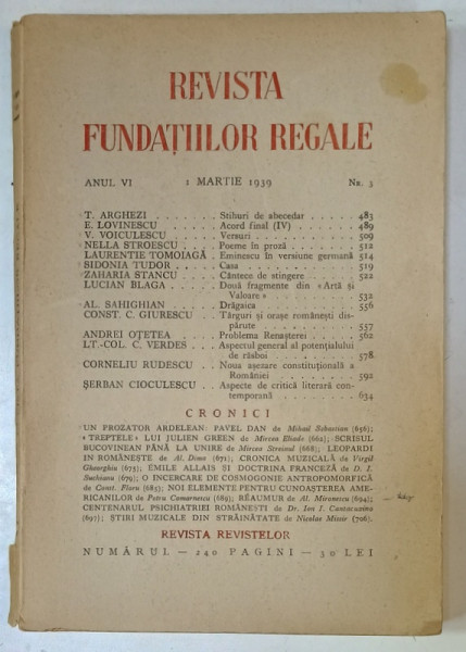 REVISTA FUNDATIILOR REGALE , ANUL VI , 1 MARTIE , 1939 , NR. 3