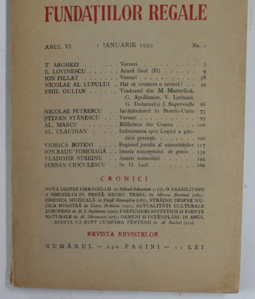 REVISTA FUNDATIILOR REGALE , ANUL VI , NR. 1 , 1 IANUARIE 1939