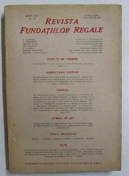 REVISTA FUNDATIILOR REGALE , ANUL XIII , NR. 12 , SERIE NOUA , DECEMBRIE 1946