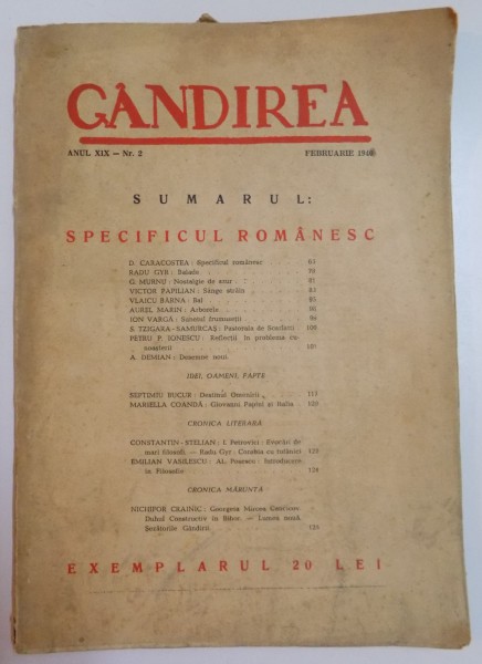 REVISTA ''GANDIREA'', ANUL XIX, NR. 2, FEBRUARIE 1940: SPECIFICUL ROMANESC
