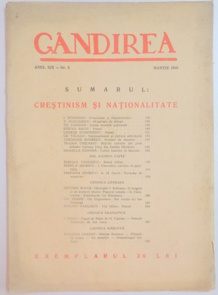 REVISTA ''GANDIREA'' ANUL XIX NR. 3 , MARTIE 1940 : CRESTINISM SI NATIONALITATE