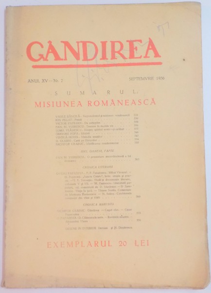 REVISTA ''GANDIREA'' ANUL XV NR. 7 , SEPTEMVRIE 1936 : MISIUNEA ROMANEASCA