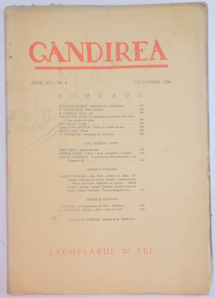 REVISTA ''GANDIREA'' ANUL XV NR. 8 , OCTOMBRIE 1936