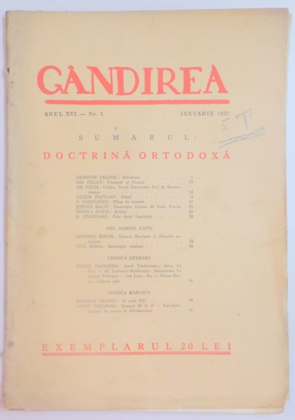 REVISTA ''GANDIREA'' ANUL XVI NR. 1 , IANUARIE 1937 : DOCTRINA ORTODOXA