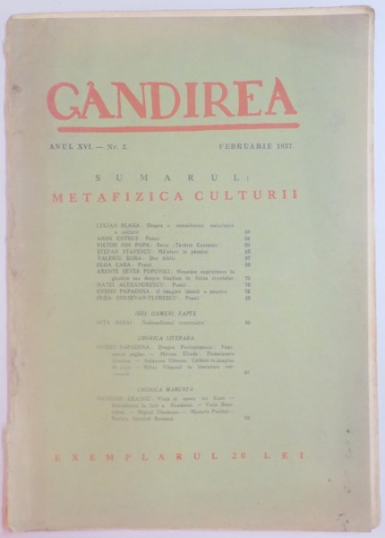 REVISTA ''GANDIREA'' ANUL XVI NR. 2 , FEBRUARIE 1937 : METAFIZICA CULTURII