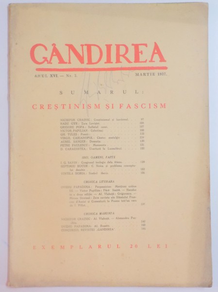 REVISTA ''GANDIREA'' ANUL XVI NR. 3 , MARTIE 1937 : CRESTINISM SI FASCISM