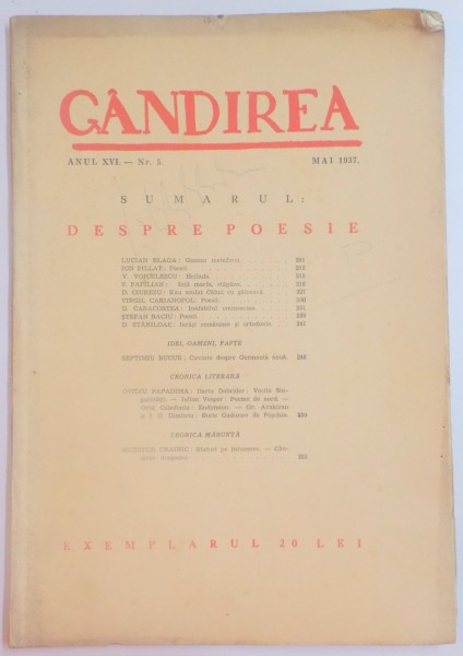 REVISTA ''GANDIREA'' ANUL XVI NR. 5 , MAI 1937 : DESPRE POESIE
