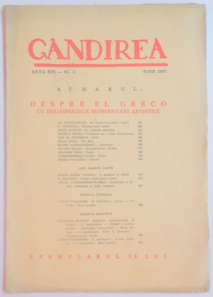 REVISTA ''GANDIREA'' ANUL XVI NR. 6 , IUNIE 1937 : DESPRE EL GRECO
