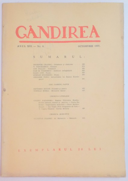 REVISTA ''GANDIREA'' ANUL XVI NR. 8 , OCTOMBRIE 1937