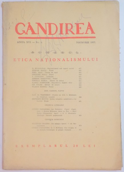 REVISTA ''GANDIREA'' ANUL XVI NR. 9 , NOIEMVRIE 1937 : ETICA NATIONALISMULUI