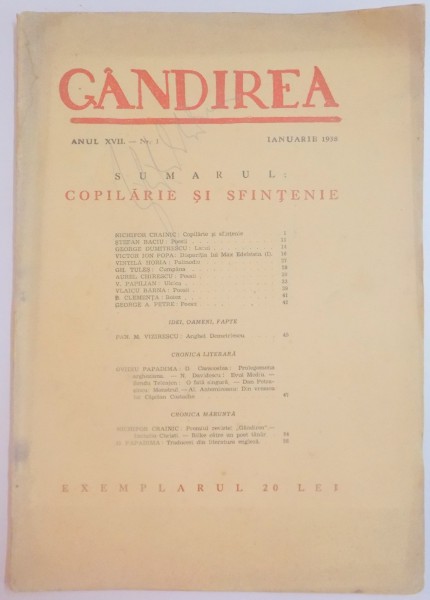 REVISTA ''GANDIREA'' ANUL XVII NR. 1 , IANUARIE 1938 : COPILARIE SI SFINTENIE
