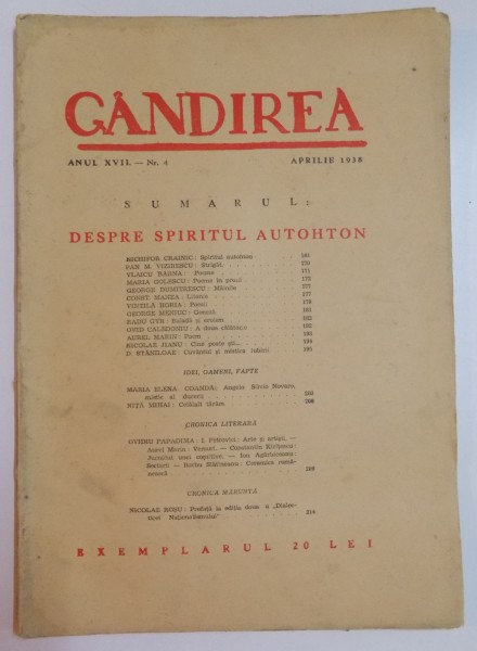 REVISTA ''GANDIREA'', ANUL XVII, NR. 4, APRILIE 1938: DESPRE SPIRITUL AUTOHTON