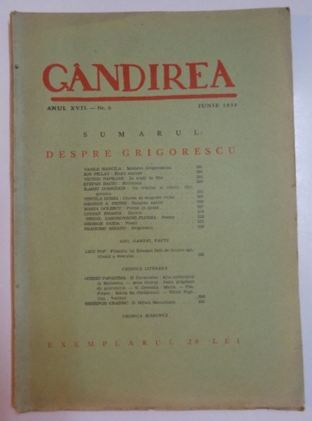 REVISTA ''GANDIREA'', ANUL XVII, NR. 6, IUNIE 1938: DESPRE GRIGORESCU