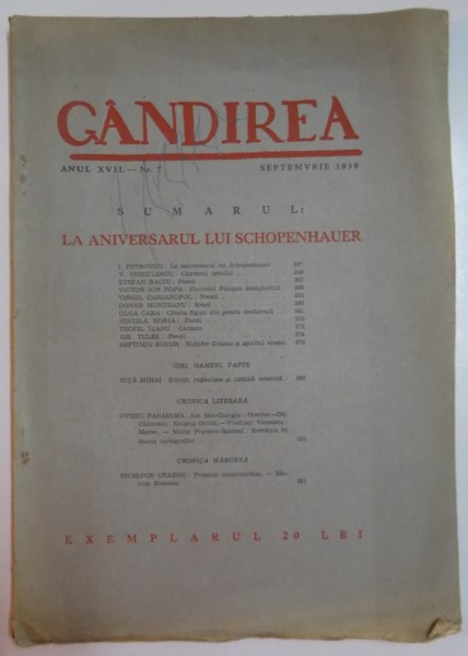 REVISTA ''GANDIREA'', ANUL XVII, NR. 7, SEPTEMBRIE 1938: LA ANIVERSARUL LUI SCHOPENHAUER