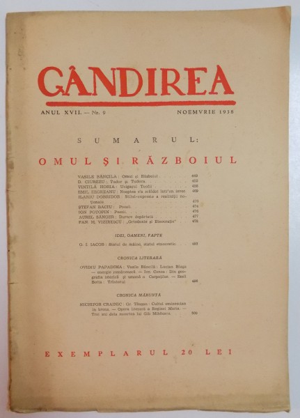 REVISTA ''GANDIREA'', ANUL XVII, NR. 9, NOIEMBRIE 1938: OMUL SI RAZBOIUL