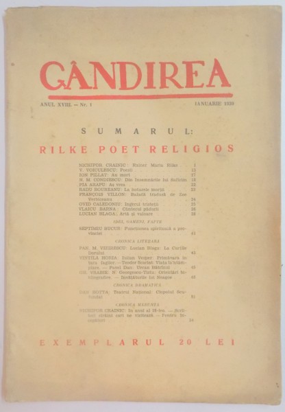 REVISTA ''GANDIREA'' ANUL XVIII NR. 1 , IANUARIE 1939 : RILKE POET RELIGIOS