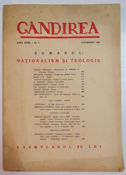 REVISTA ''GANDIREA'', ANUL XVIII, NR. 8 , OCTOMBRIE 1939: NATIONALISM SI TEOLOGIE