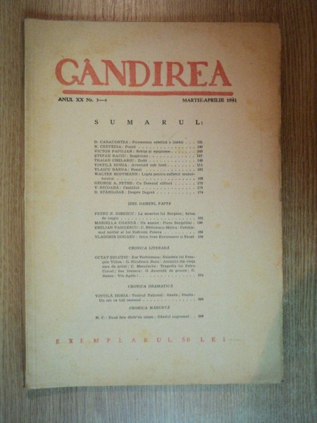 REVISTA GANDIREA ANUL XX , NR 3-4 , MARTIE-APRILIE 1941
