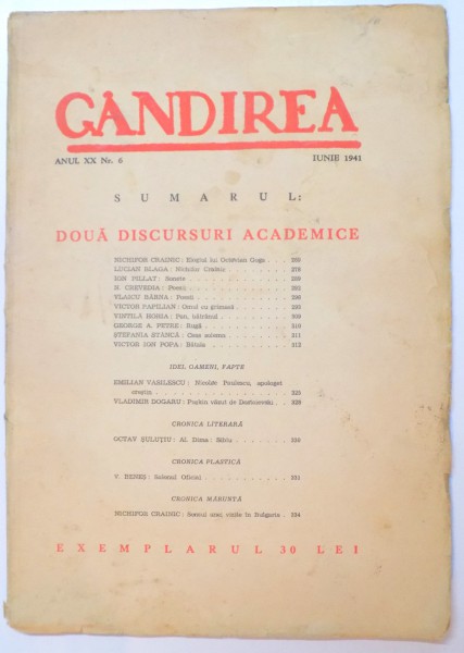 REVISTA GANDIREA, ANUL XX, NR. 6, IUNIE 1941: DOUA DISCURSURI ACADEMICE