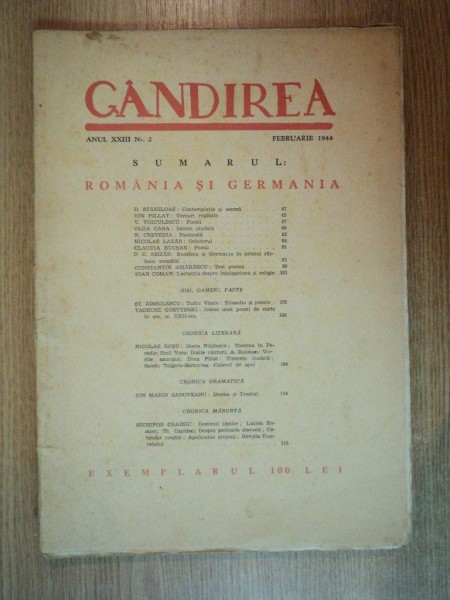 REVISTA GANDIREA ANUL XXII , NR 2 , FEBRUARIE 1944