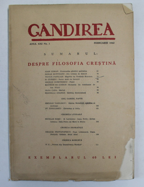 REVISTA GANDIREA , DESPRE FILOSOFIA CRESTINA , ANUL XXI , NR. 2 , FEBRUARIE 1942