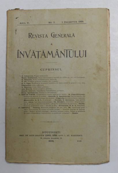 REVISTA GENERALA A  INVATAMANTULUI , ANUL V , NR. 5 , 1 DECEMBRIE 1909