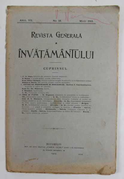 REVISTA GENERALA A INVATAMANTULUI , ANUL VII , NR. 10 , MAI , 1912