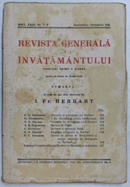 REVISTA GENERALA A INVATAMANTULUI , ANUL XXIX , NR. 7 - 8 , SEPTEMBRIE - OCTOMBRIE , 1941