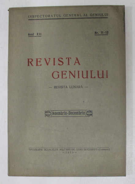 REVISTA GENIULUI  - REVISTA LUNARA , ANUL XII , NR. 11 - 12   , NOIEMBRIE  -DECEMBRIE  ,1929